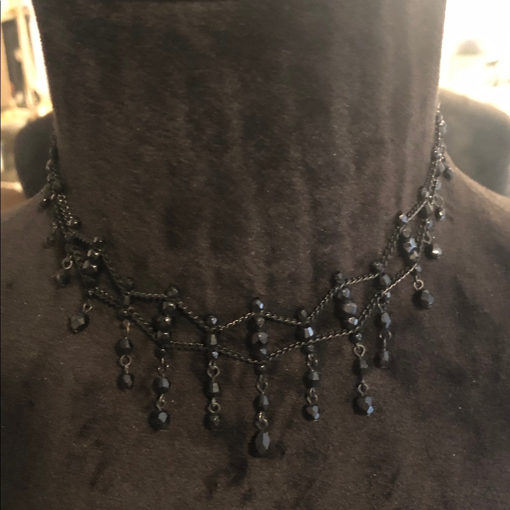 Victorian Goth Black Faceted Bead Draped Fringe Statement Choker Necklace